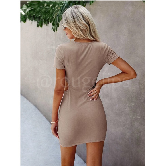 Casual Tee Shirt Dress Cutout Short Sleeve Beige Mini - Picture 4 of 6